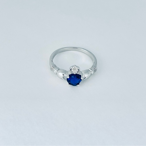 Sterling Silver Claddagh Blue Sapphire CZ Ring, September Birthstone - Picture 4 of 13
